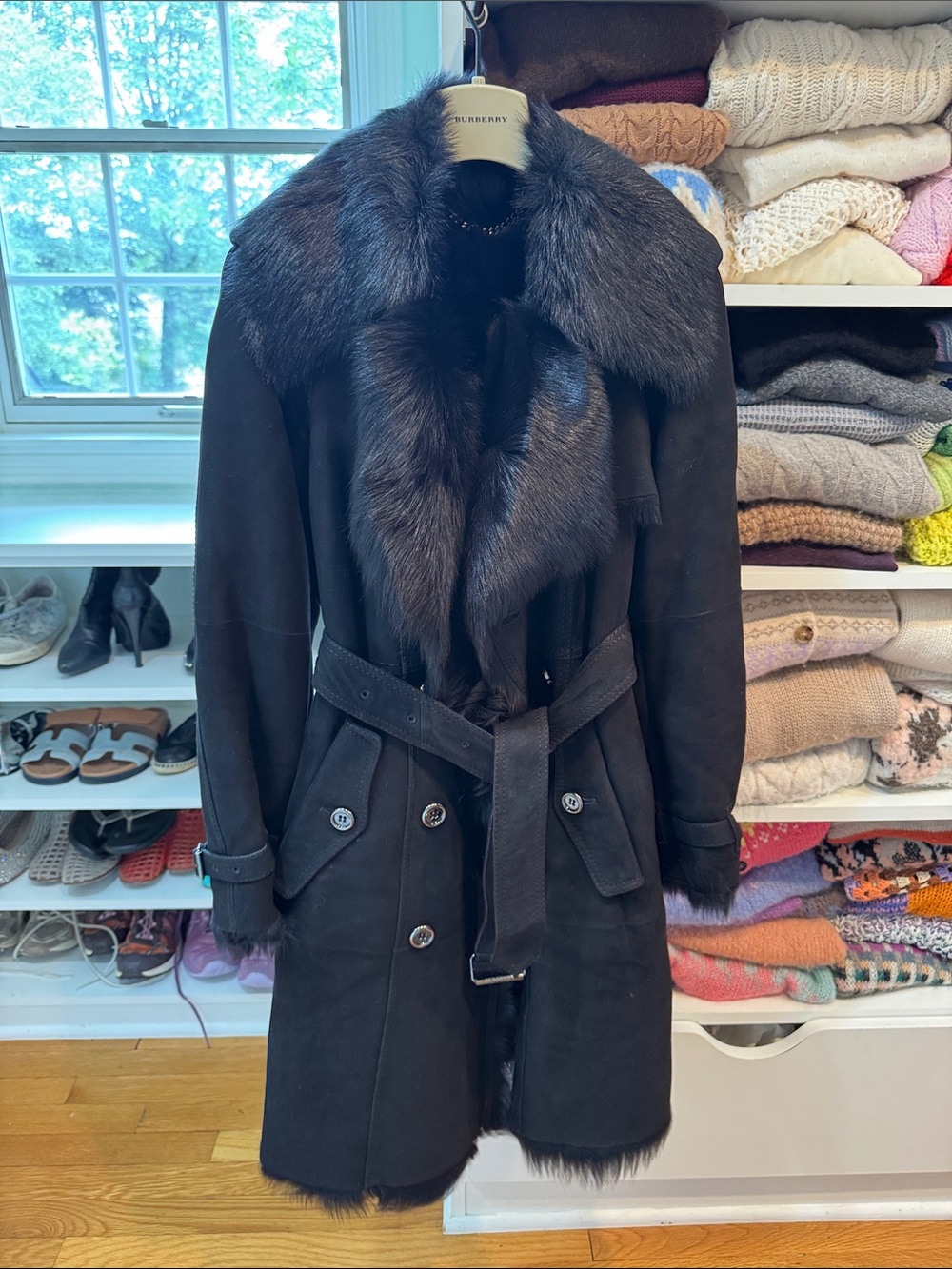 Burberry Shearling Trench Coat with Fur Collar - Women
